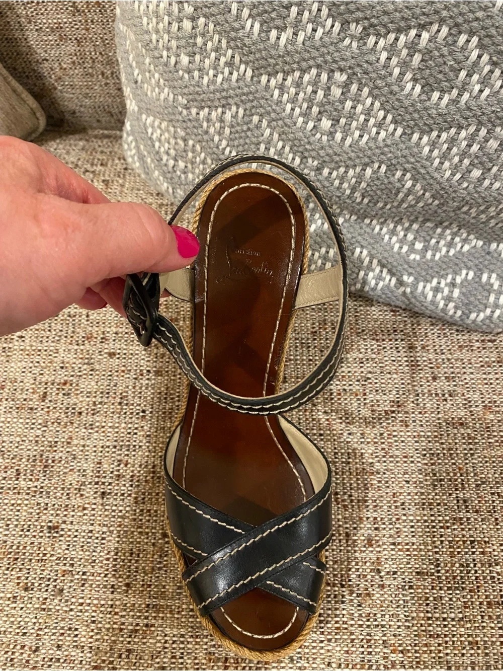 Christian Louboutin Black Leather Espadrille Platform Wedge Sandals